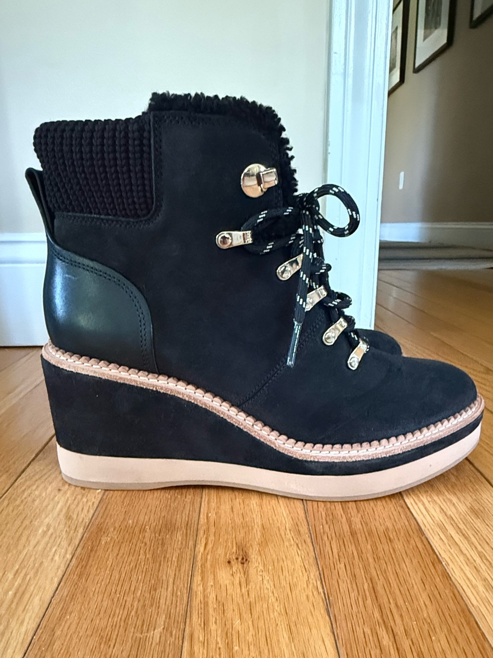 NWOB kate spade Black Suede Wedge Ankle Boots with Knit Collar Size 9